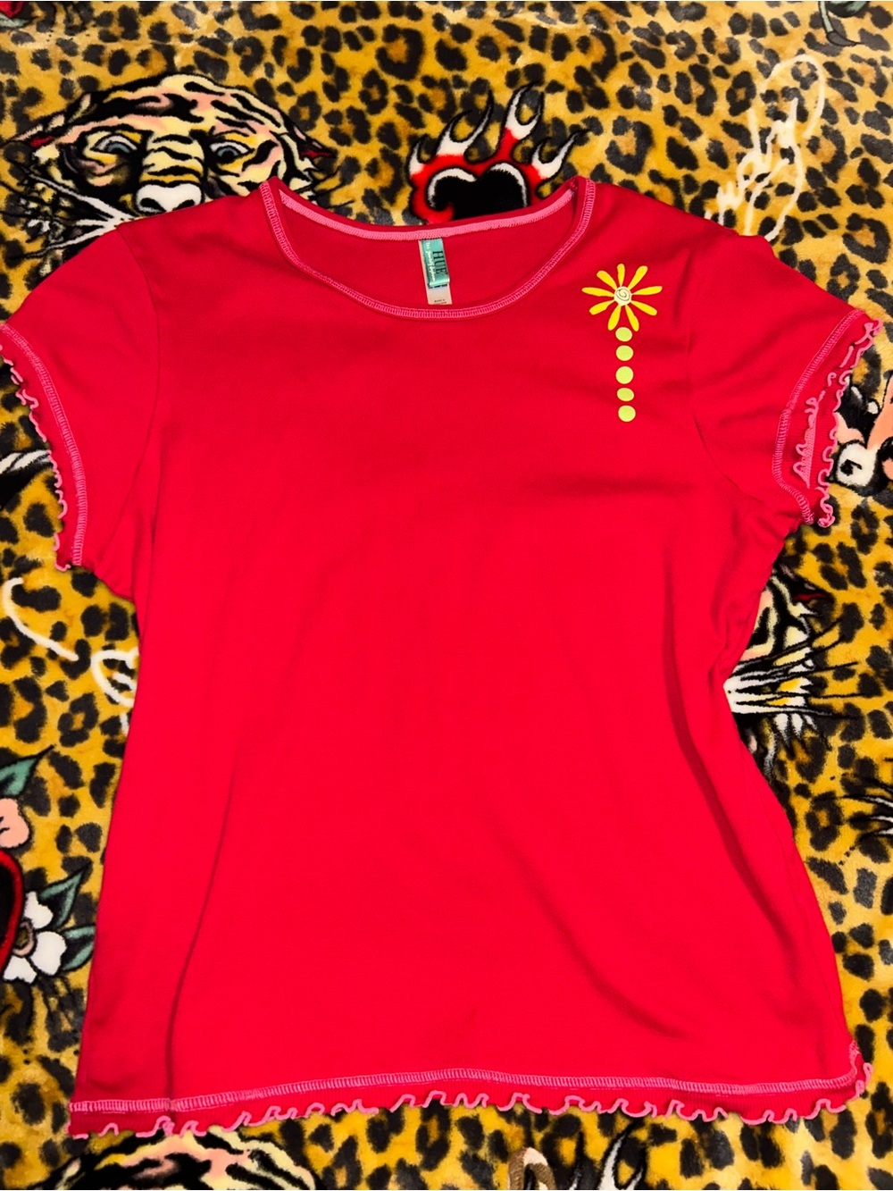 HUE Red Short Sleeve Tee with Yellow Daisy Accent